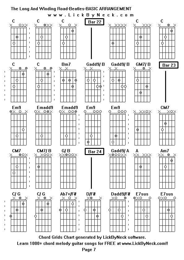 Chord Grids Chart of chord melody fingerstyle guitar song-The Long And Winding Road-Beatles-BASIC ARRANGEMENT,generated by LickByNeck software.